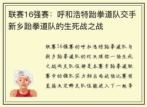 联赛16强赛：呼和浩特跆拳道队交手新乡跆拳道队的生死战之战
